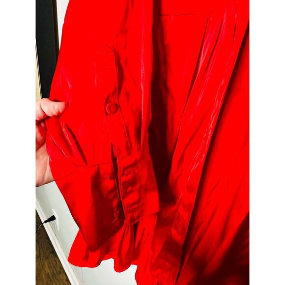 MARISSA WEBB Satin Red Tie Front V-Neck Ruffled Sleeves Shift Mini Dress Size 10 - Picture 9 of 11